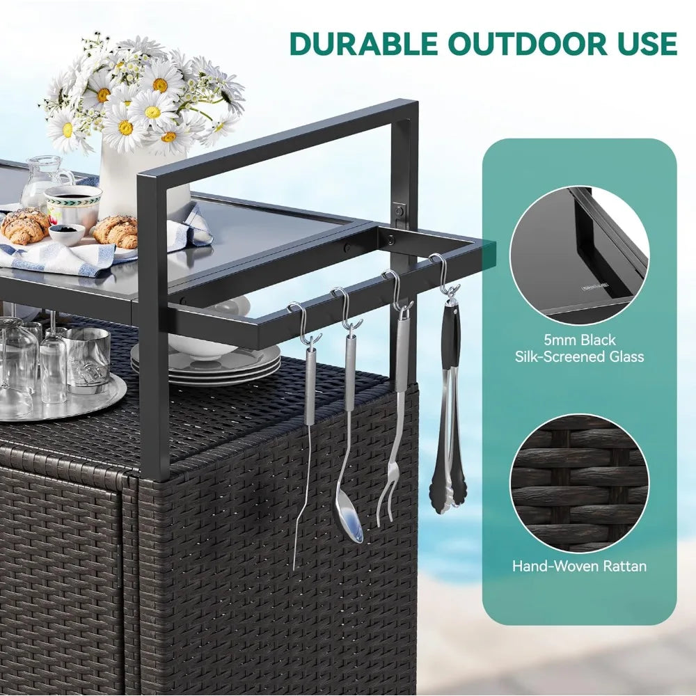 Outdoor Kitchen Wicker Island Rolling Cart, Patio Bar Table with wheels