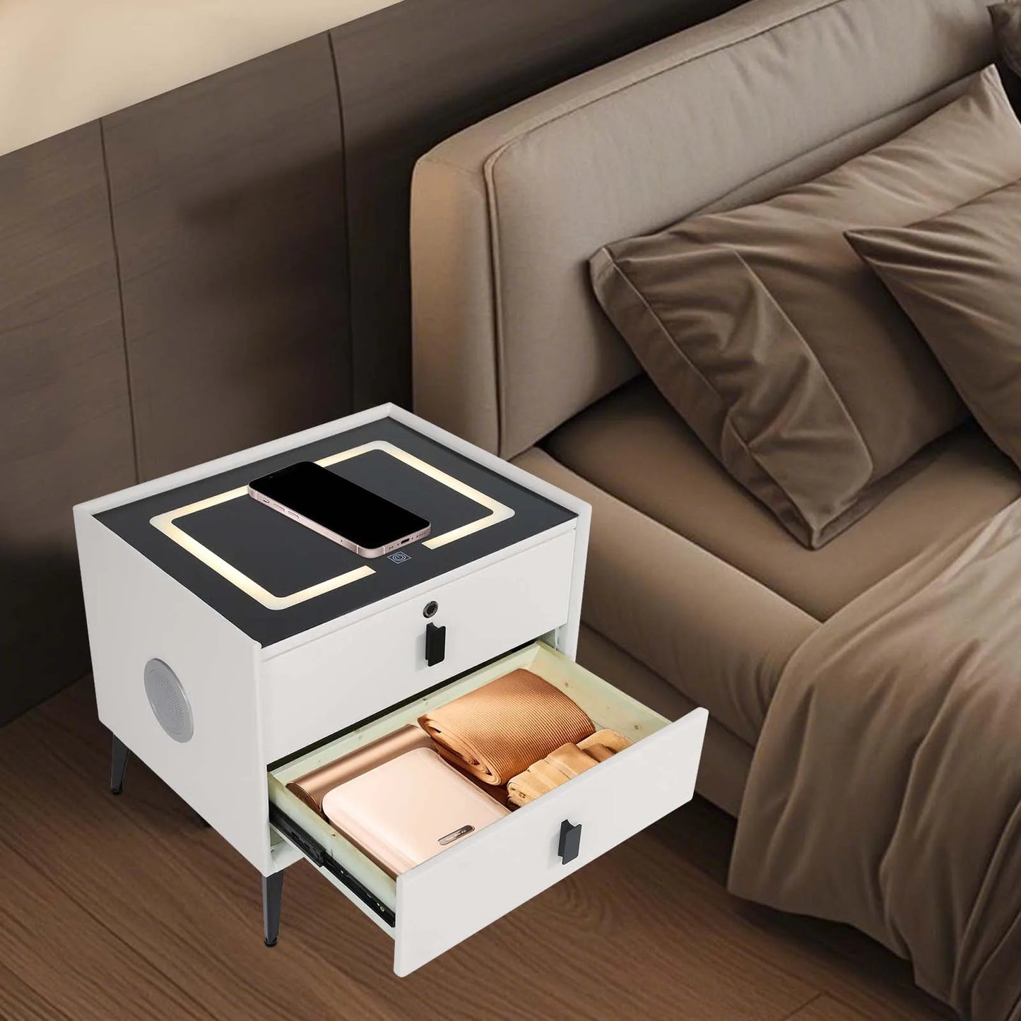 Modern Rectangular Bedside Table with Drawers Bluetooth Speaker Smart Bedside Table Bedside Table with Light USB& Wireless Charg