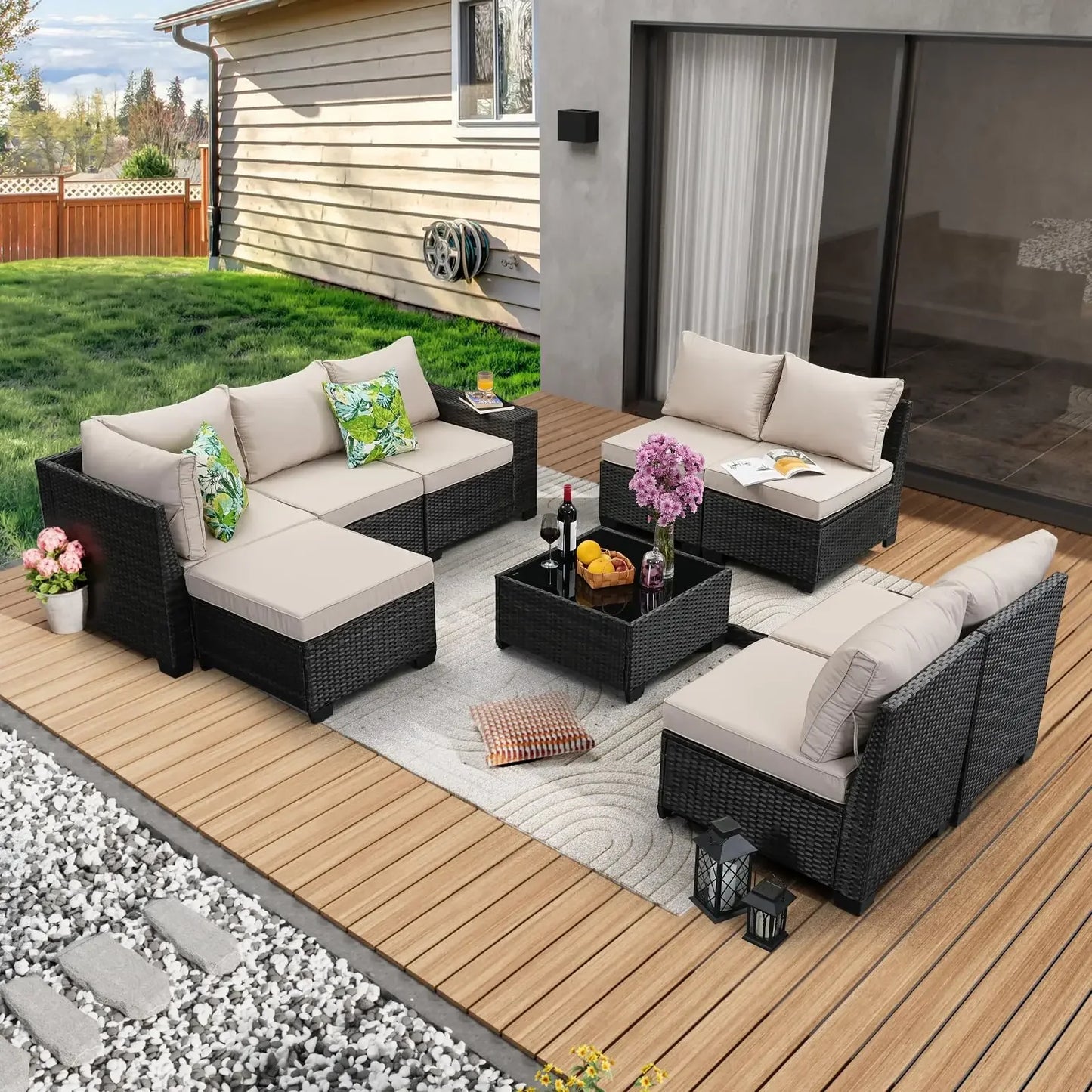 Patio Furniture Set Outdoor Wicker Sectional Conversation Sofa Rattan Patio Seating Sofa with Cushion and Glass Table