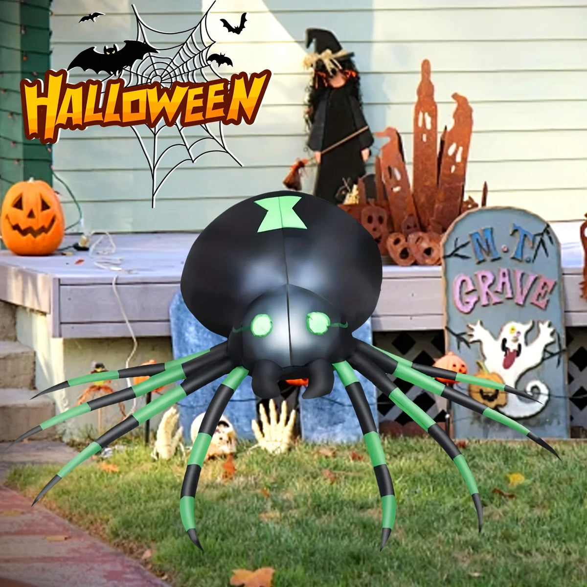 Giant 7.2 FT LED Glowing Inflatable Spider Creepy Blow Up Yard Decor with Stakes & Blower, Outdoor Halloween Airblown Spider for Lawn Garden Party Quick Setup & Fast Deflate Design Fast Shipping
