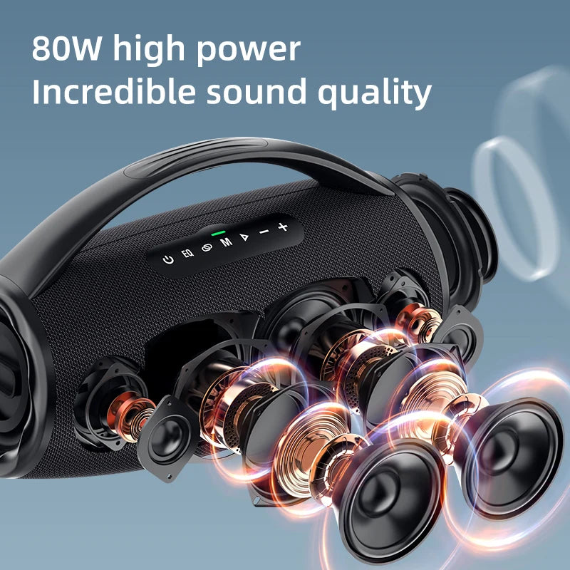 80W high power bluetooth speaker portable, colorful light waterproof wireless subwoofer 360 stereo surround sound