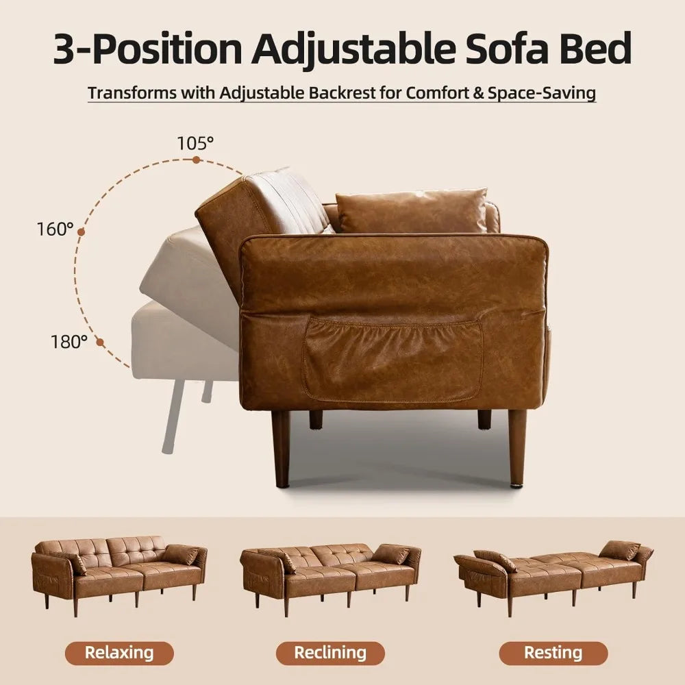 Mid Century Faux Leather Futon Sofa Bed With Storage