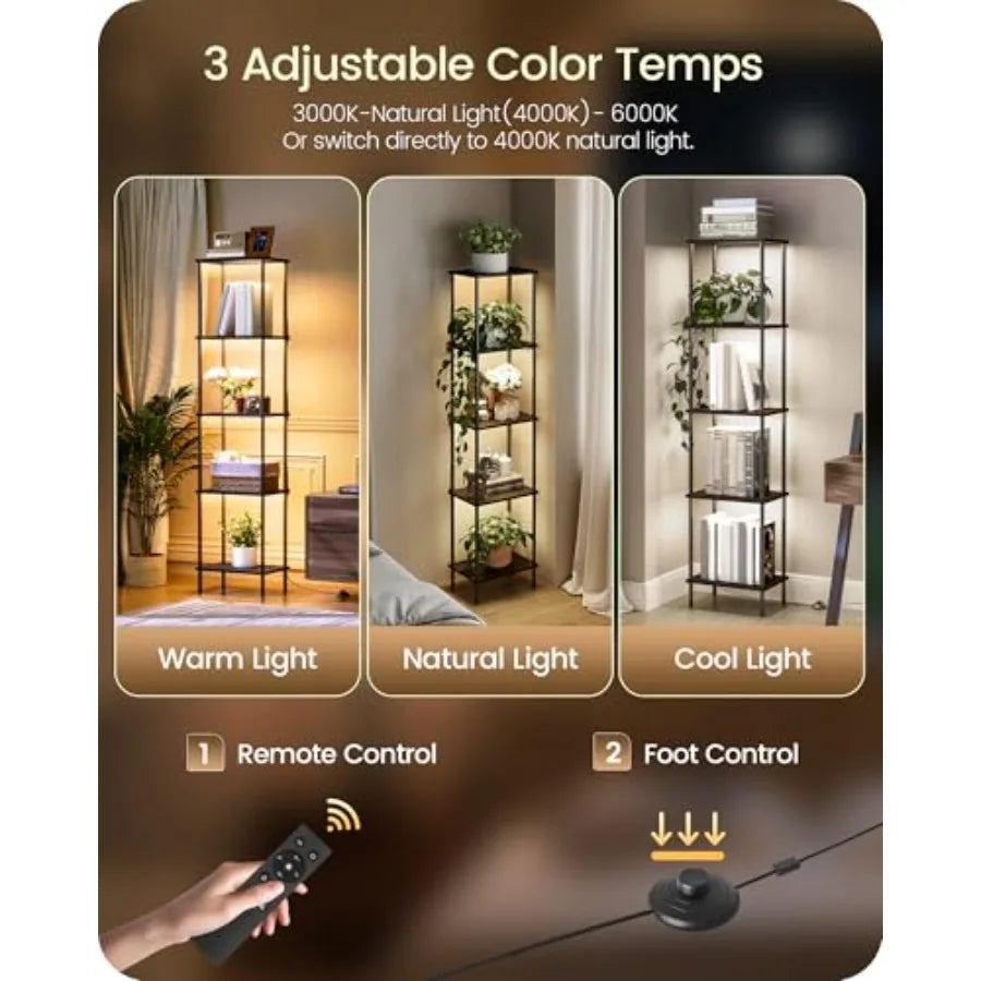 Display Shelf with Light, 5-Tier Shelf Lamp, Corner Floor Lamp with Shelves, Dimmable LED Floor Lamp for Living Room with Remot