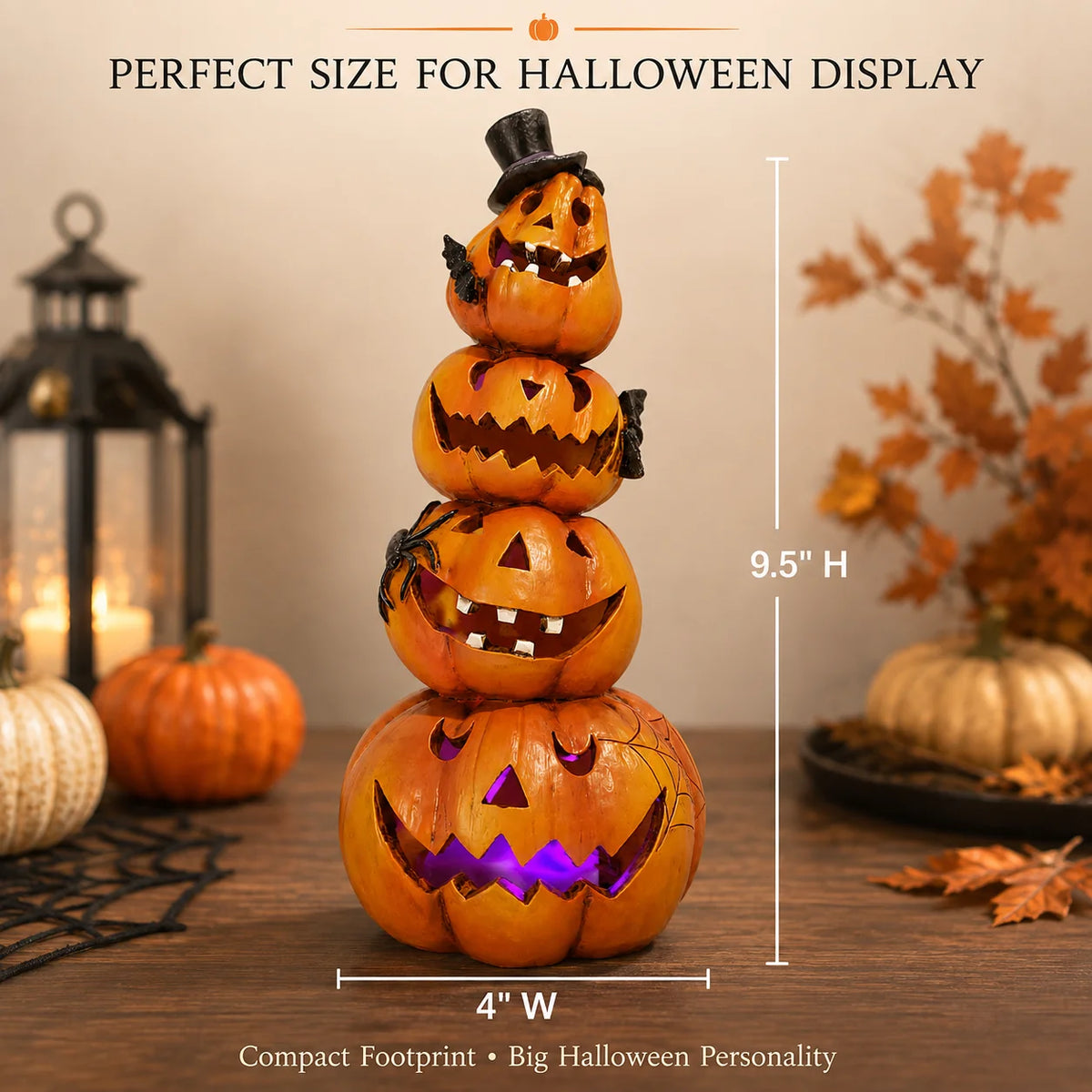 Halloween Light-Up Stacked Pumpkin Figurine, 4-Tier Jack-O-Lantern Tower with Black Top Hat, Bats, Spider and Web, Glowing Hand-Painted Tabletop Decor for Mantel, Shelf, Fireplace, Entryway, Spooky Party and Haunted House Dis