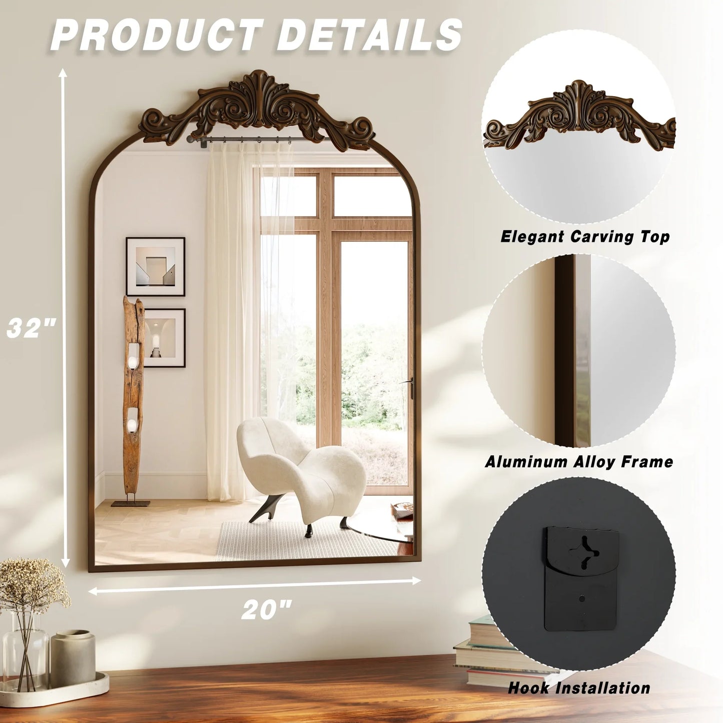 BEAUTYPEAK Classic Wall Decor Mirror Arched Metal Vintage Bathroom Mirror