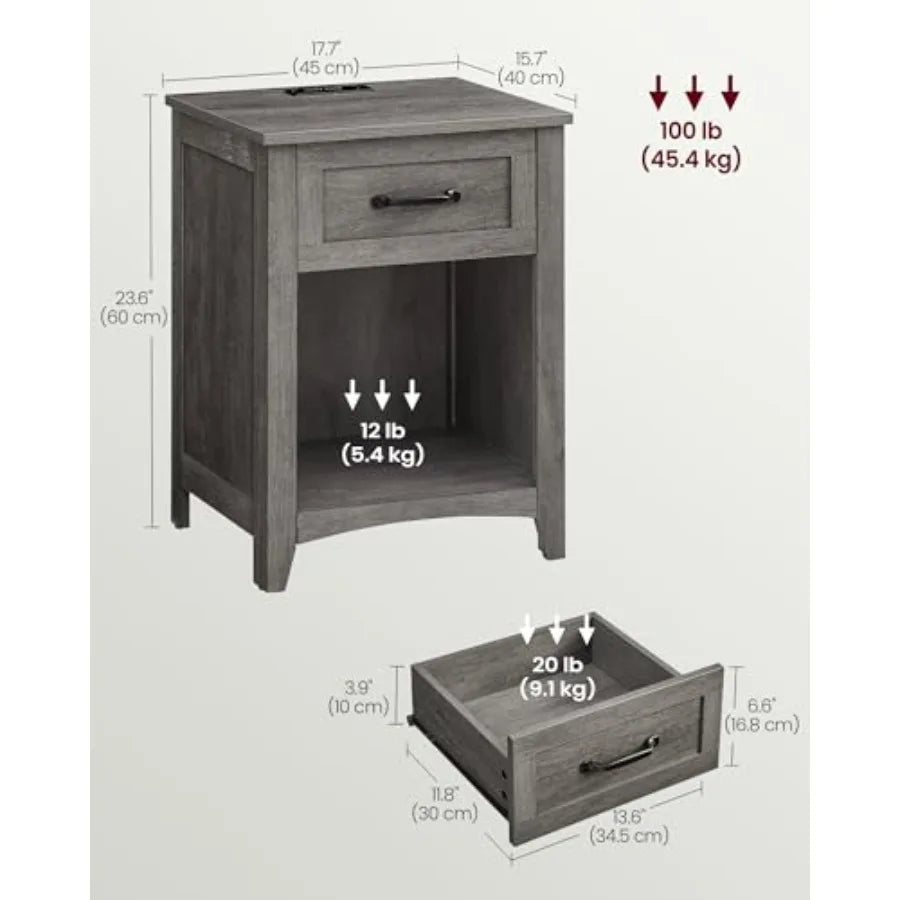 LIRY Collection - Farmhouse Nightstand with Charging Station, Bedside Table, Side Table with Drawer, Open Compartment, for Bedr