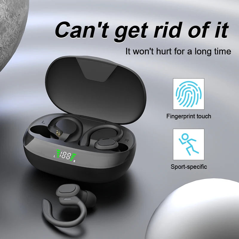 Black wireless earbuds with charging case on a gray background, featuring fingerprint touch and sport-specific design.