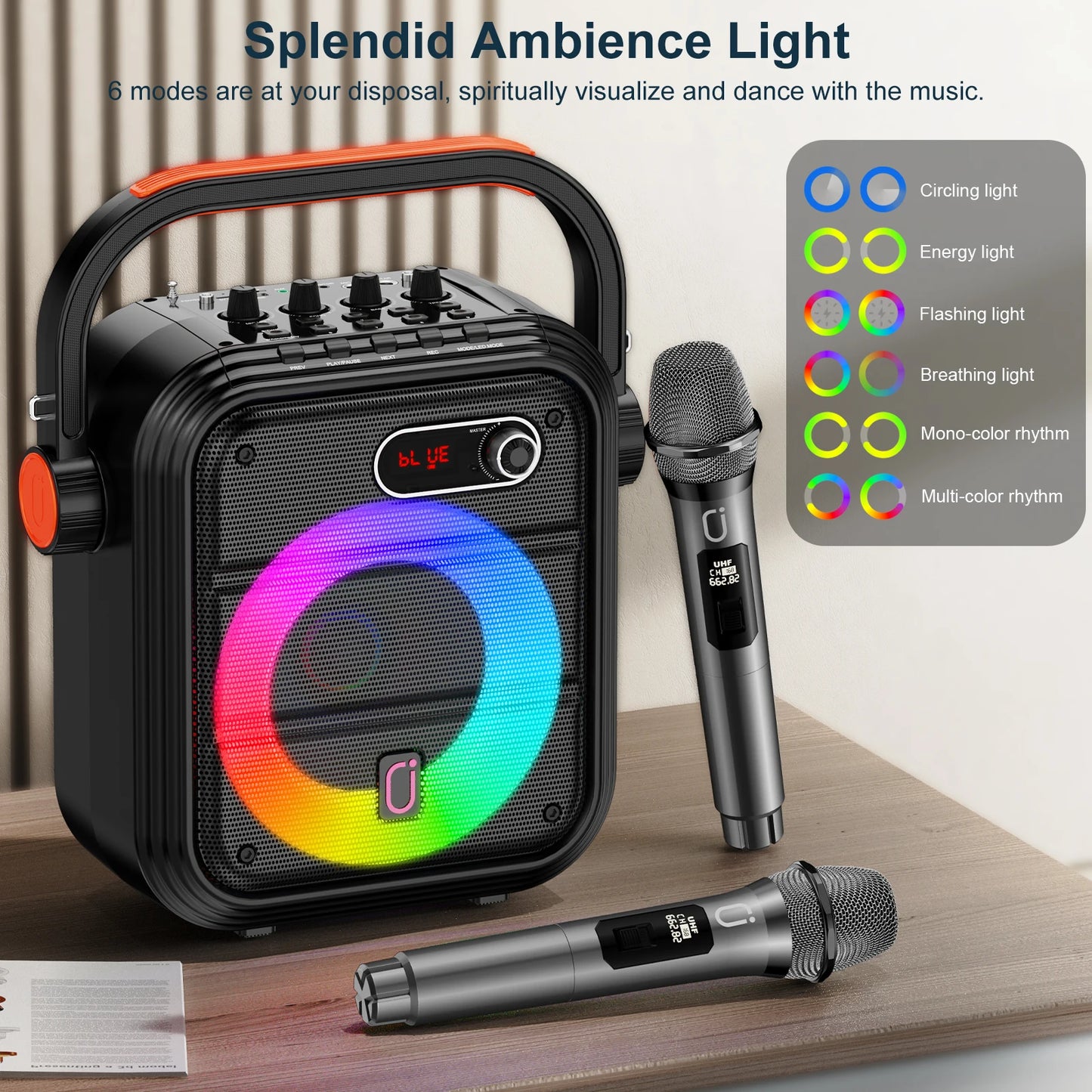 Karaoke Machine with 2 Wireless Microphones, Portable Bluetooth Speaker Lights, Supports USB, AUX, FM, Rec,