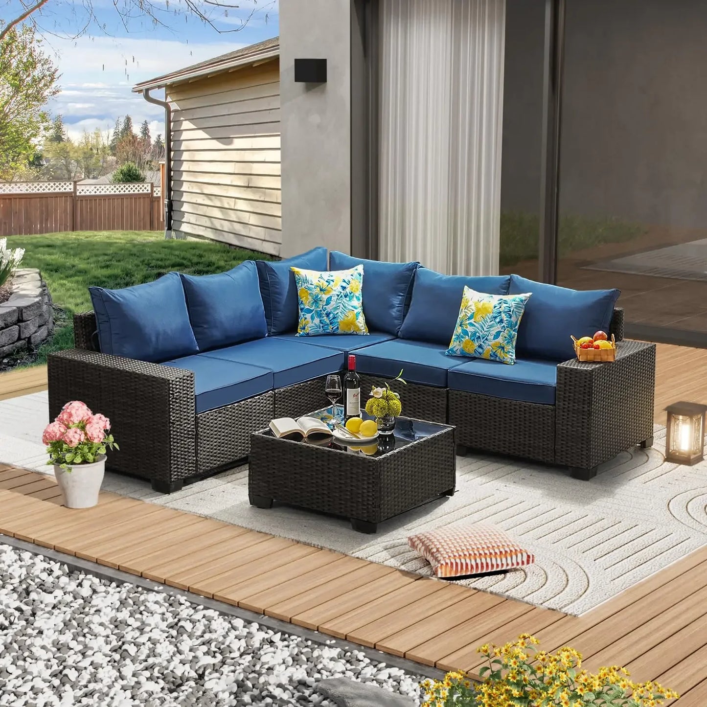 Patio Furniture Set Outdoor Wicker Sectional Conversation Sofa Rattan Patio Seating Sofa with Cushion and Glass Table