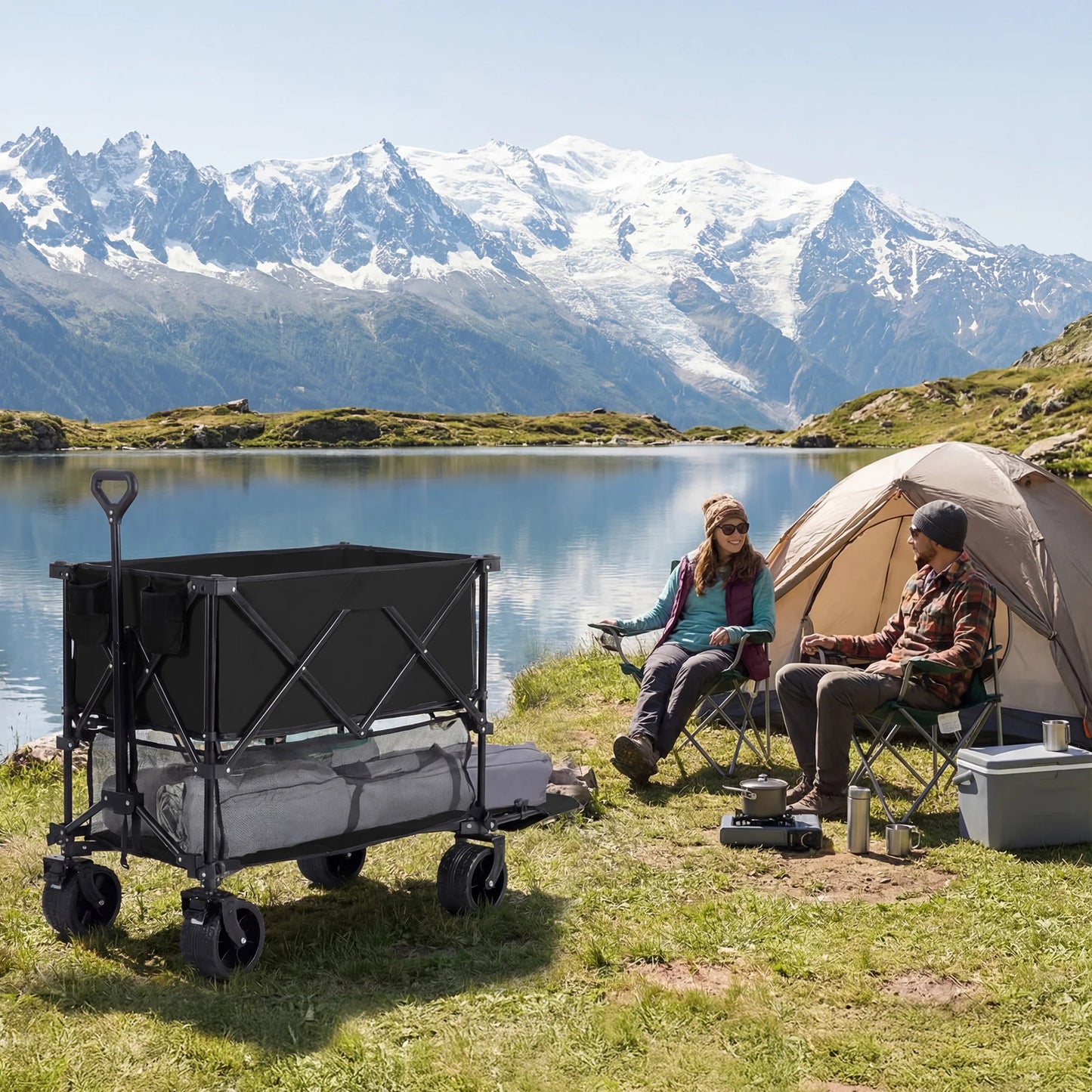 JHK Outdoor Double Decker Wagons Cart 440 lbs. Capacity Collapsible  and Foldable.