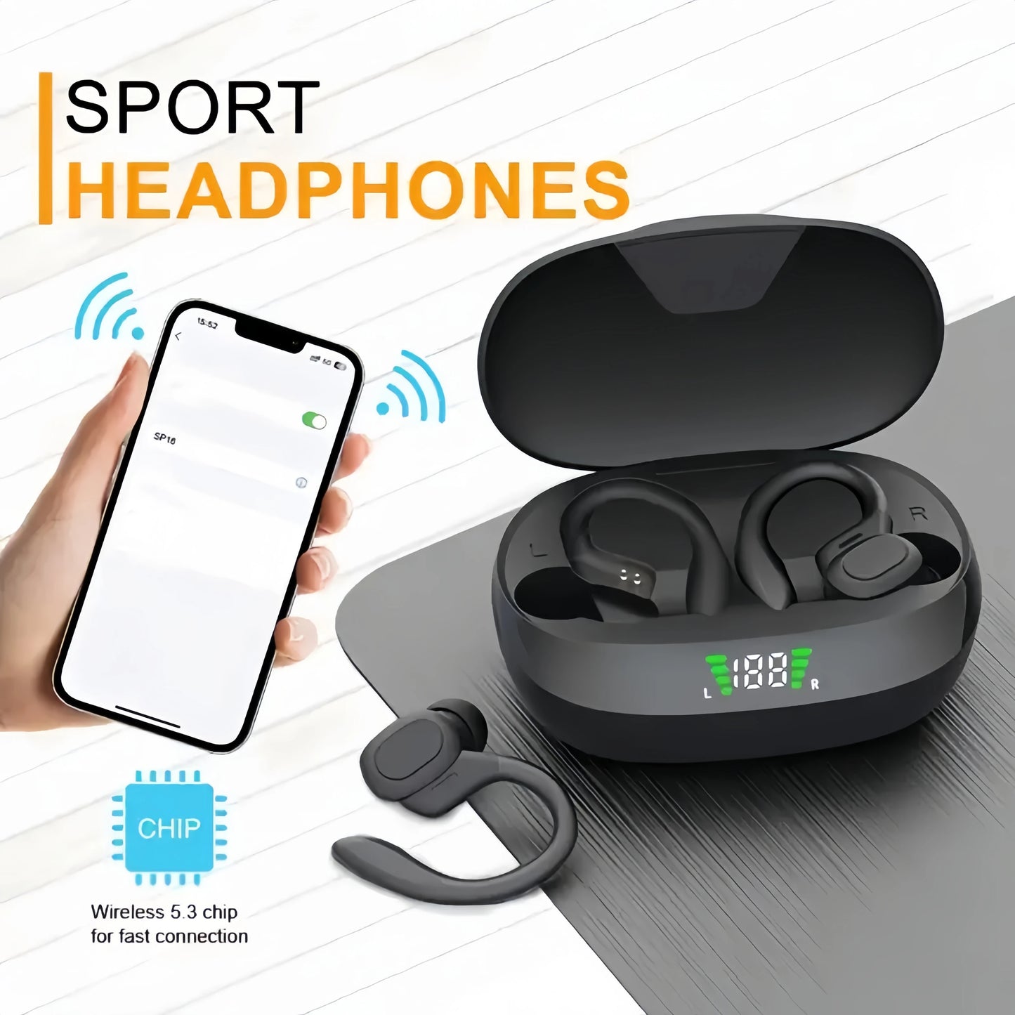 True Wireless Earbuds, Headphones with Microphone, Sports Ear Clip, In-Ear Headphones with Led Display