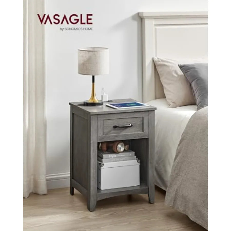 LIRY Collection - Farmhouse Nightstand with Charging Station, Bedside Table, Side Table with Drawer, Open Compartment, for Bedr