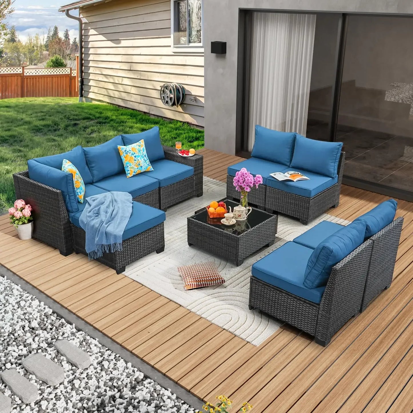 Patio Furniture Set Outdoor Wicker Sectional Conversation Sofa Rattan Patio Seating Sofa with Cushion and Glass Table