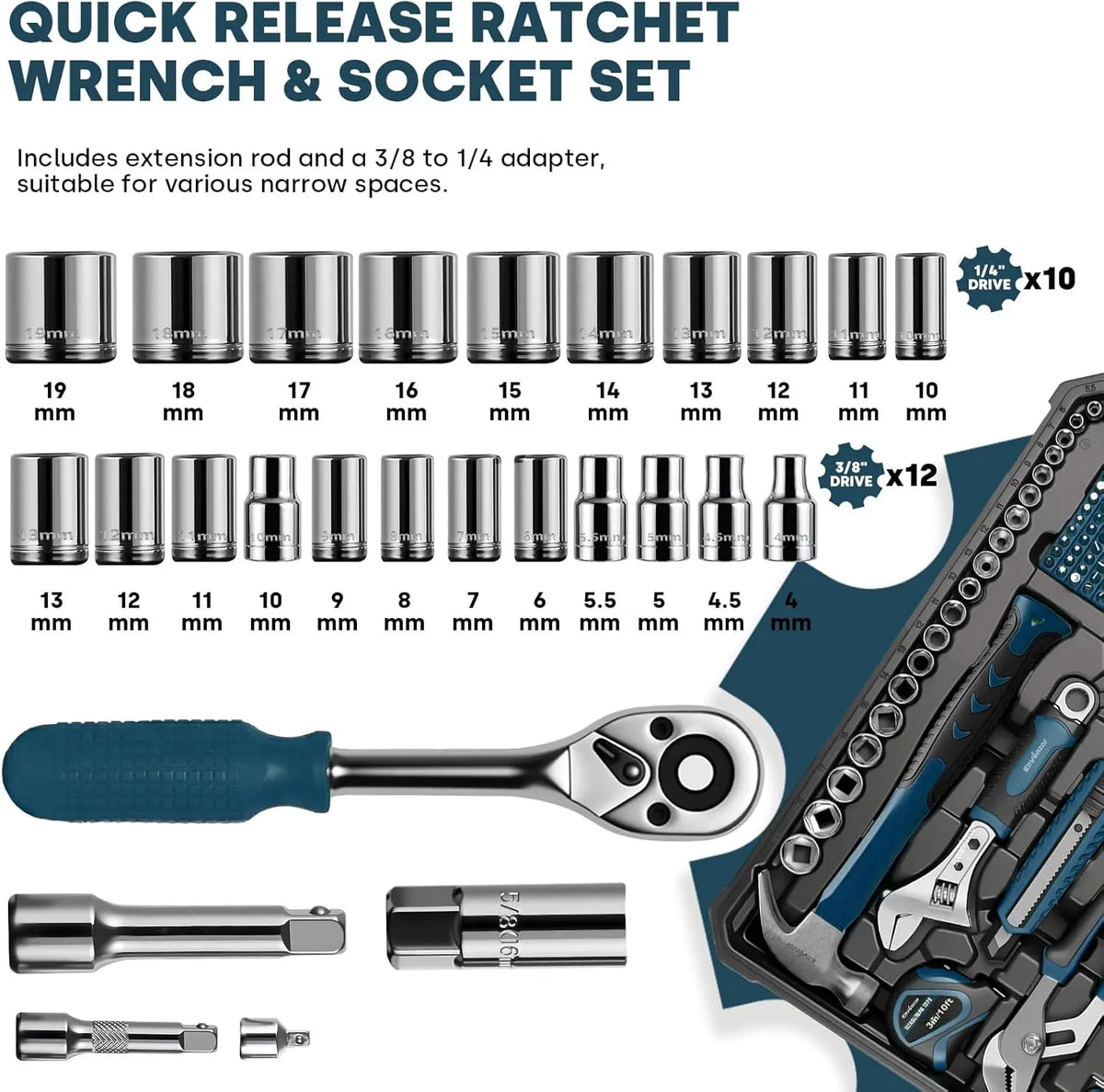 Tool Set, 220-Piece Home Tool Kit with Toolbox, Wrench and Hand Tools for Home Repairs, Auto Maintenance, DIY & General Use