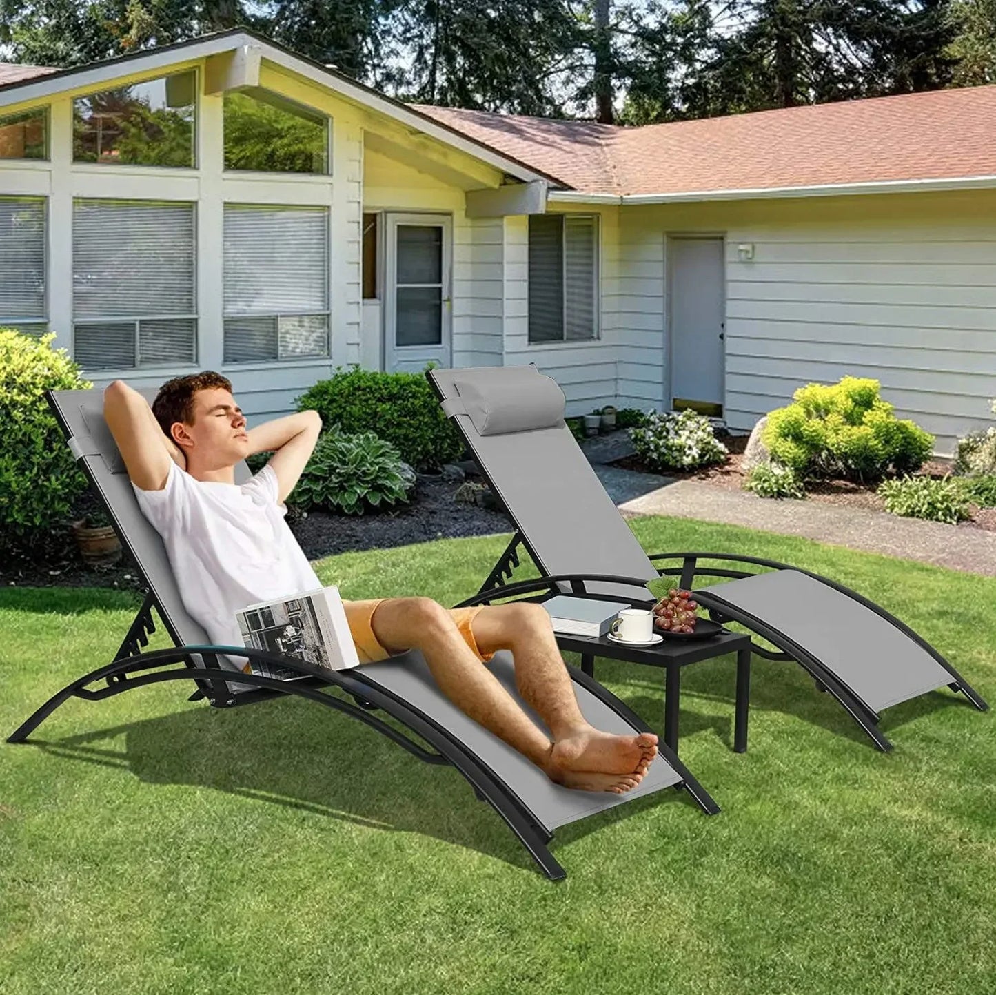 Aluminum Lounge Chair for Outside with 5 Adjustable Positions with Table 3Pcs Chaise Outdoor for Pool, Garden, Camping, Backyard