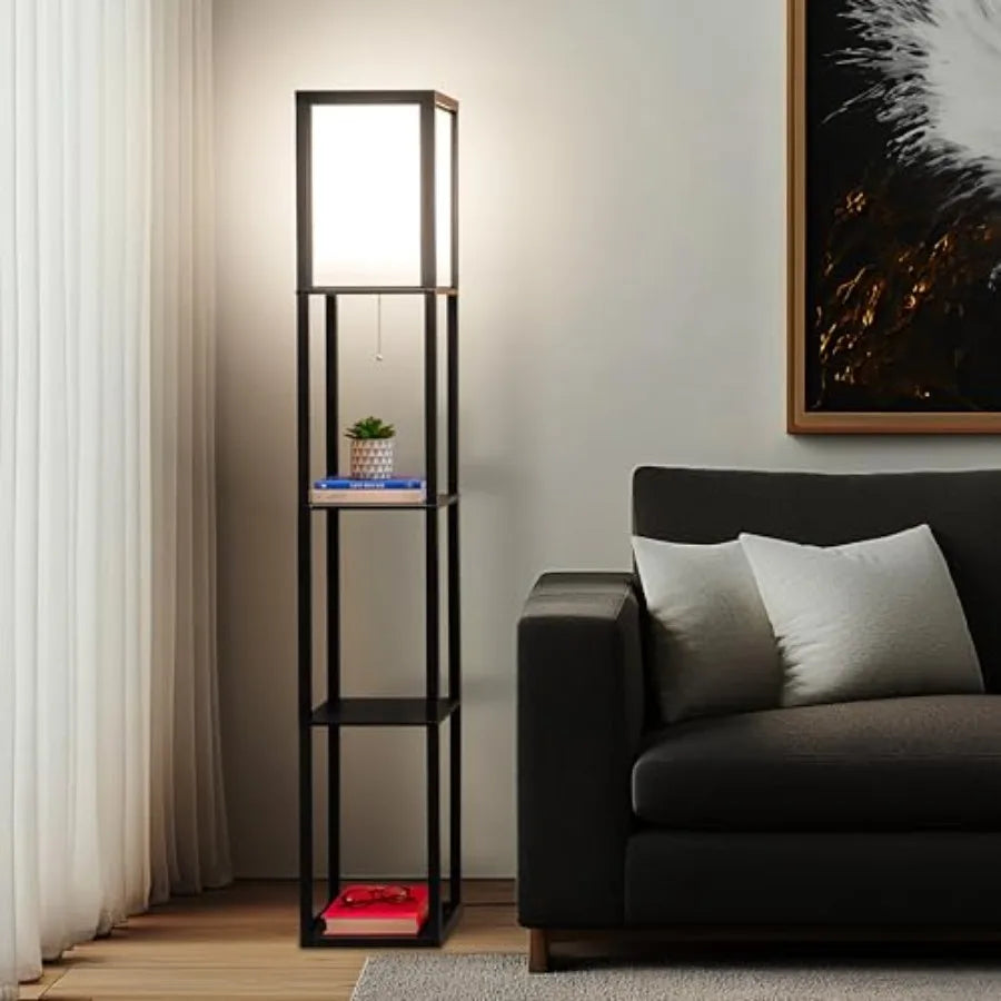 Maxwell - Modern Shelf Floor Lamp with Lamp Shade and Warm LED Bulb, Corner Display Floor Lamp with Shelves for Living Room, Be
