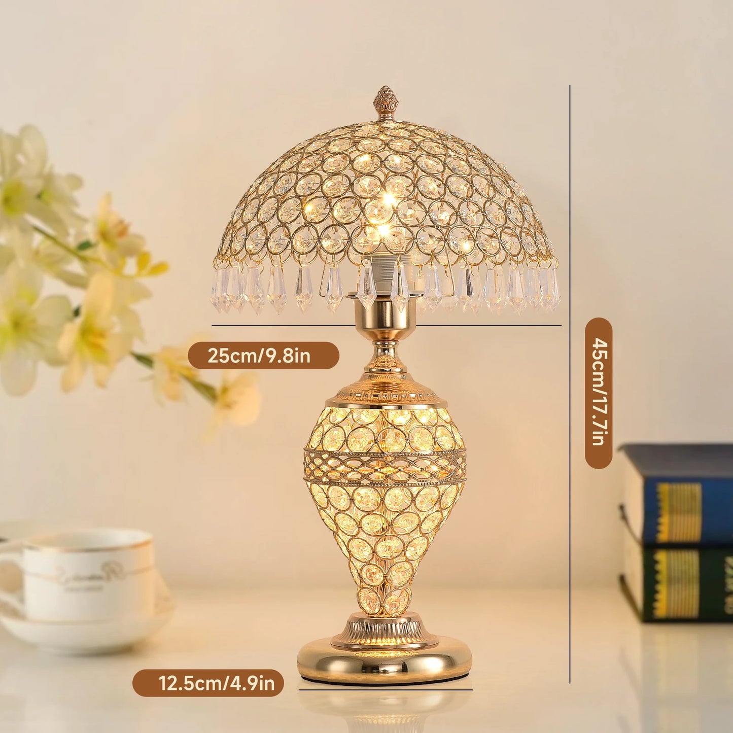 Elegant Crystal Table Lamp Three-Color Adjustable Bedroom Bedside Night Light Gold-Plated Metal Desktop Lamp Living Room Bedroom Home Decorative Light
