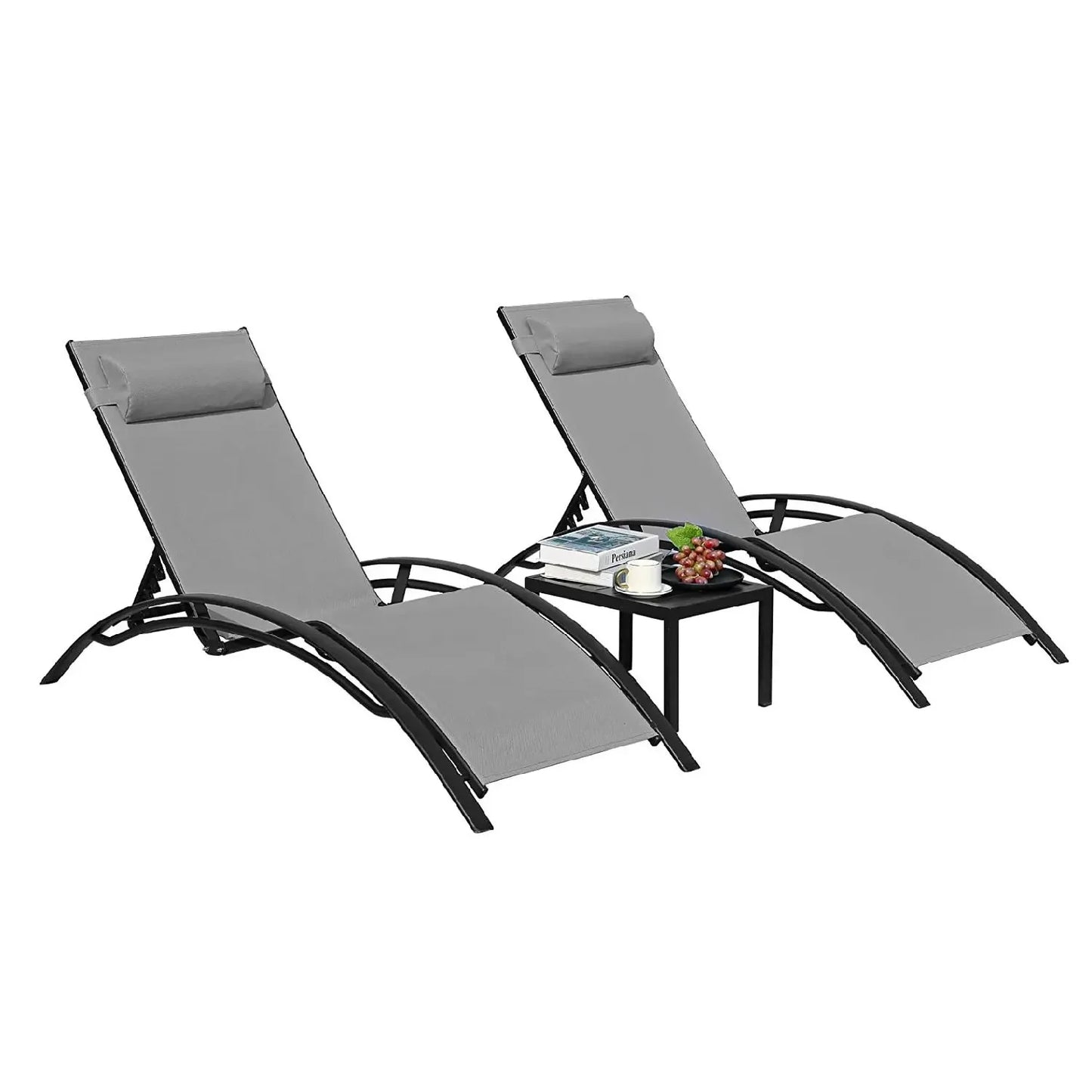 Aluminum Lounge Chair for Outside with 5 Adjustable Positions with Table 3Pcs Chaise Outdoor for Pool, Garden, Camping, Backyard