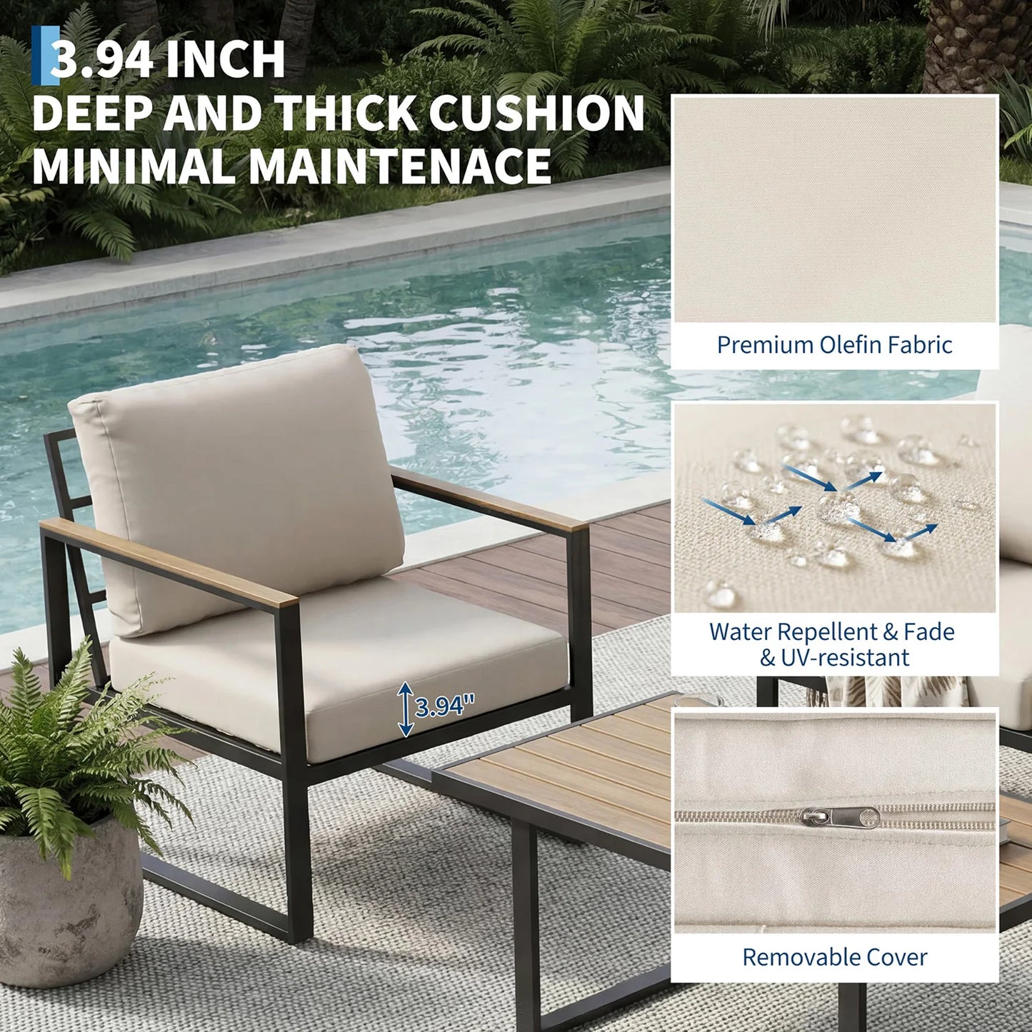 Modern 4-Piece Patio Furniture Set Outdoor Conversation Sectional Sofa With Coffee Table Thick Washable Cushions