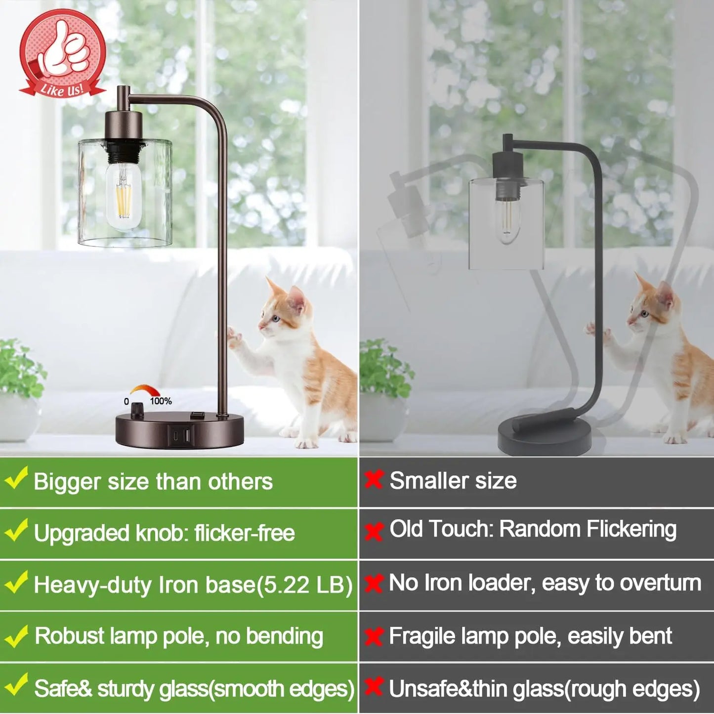 Oil Rubbed Bronze Table Lamps With USB C And USB A Ports Dimmable Glass Shade