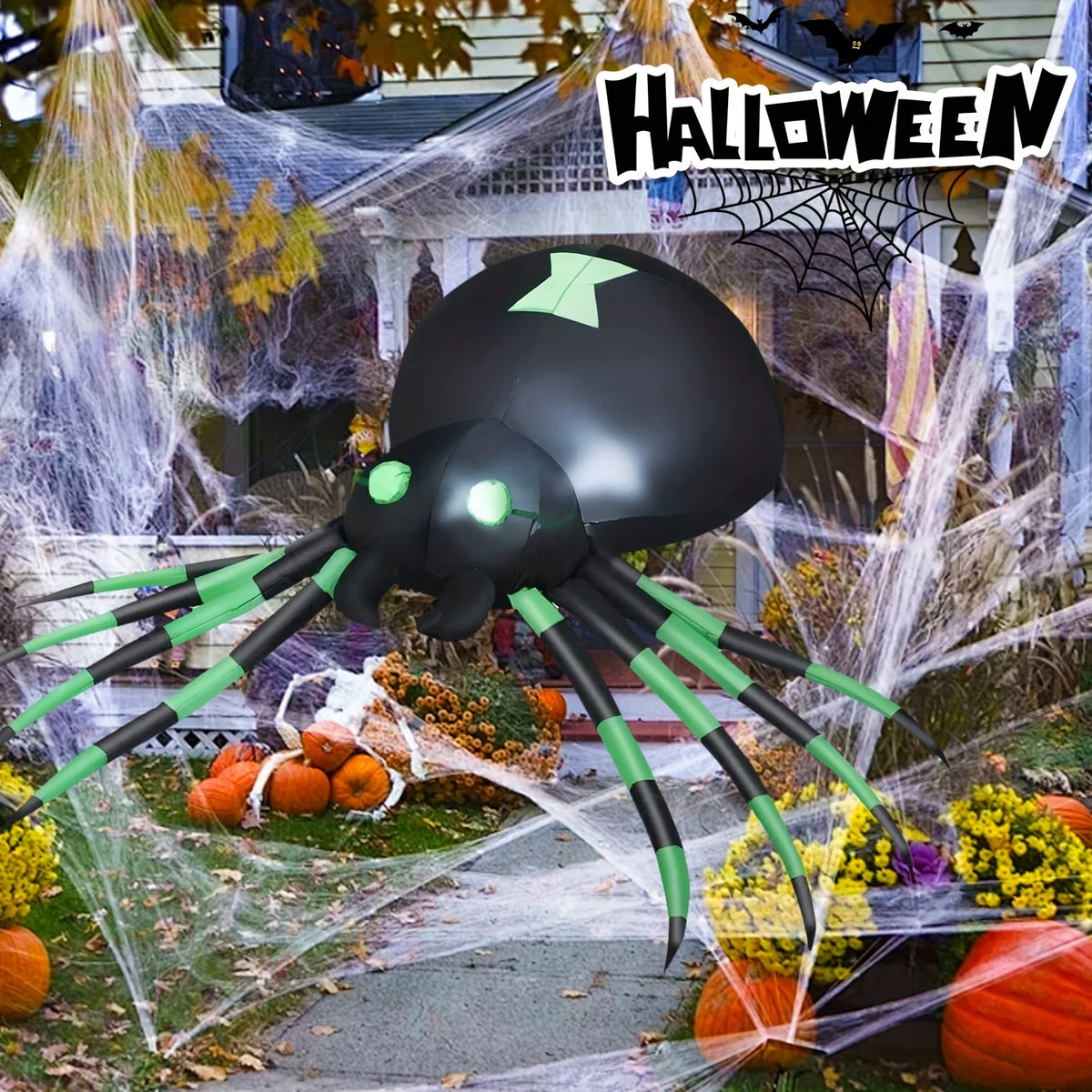 Giant 7.2 FT LED Glowing Inflatable Spider Creepy Blow Up Yard Decor with Stakes & Blower, Outdoor Halloween Airblown Spider for Lawn Garden Party Quick Setup & Fast Deflate Design Fast Shipping
