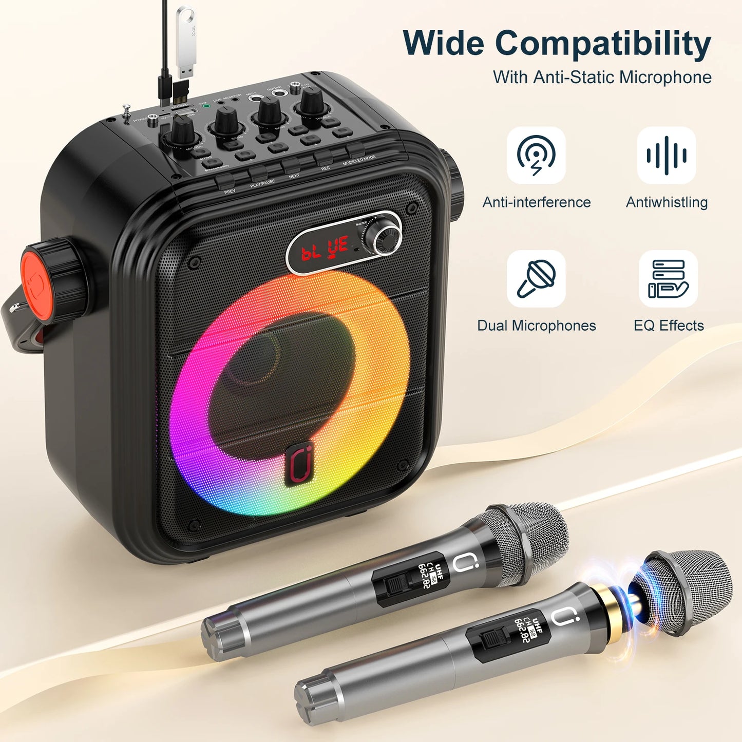 Karaoke Machine with 2 Wireless Microphones, Portable Bluetooth Speaker Lights, Supports USB, AUX, FM, Rec,