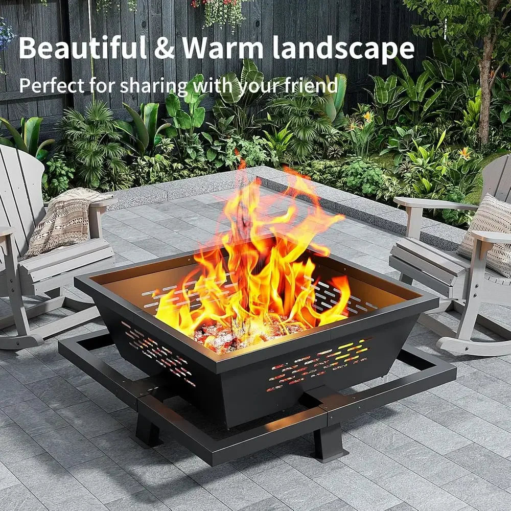 42 Square Outdoor Fire Pit with Poker, Wood-Burning for Backyard and Patio Use