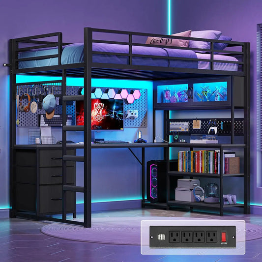 Twin Loft Bed L-Shaped with Gaming Desk Storage Hutch Power Outlet Metal Frame Lights Space Saving Black, Customized