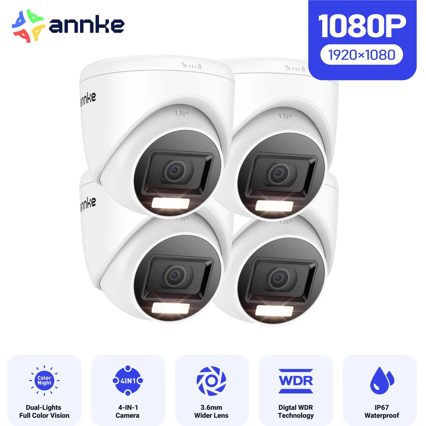 ANNKE 1080P HD-TVI Security Camera Kit 4PCS 2MP Bullet Outdoor Weatherproof Housing 66ft Super Night Vision Smart IR CCTV Camera