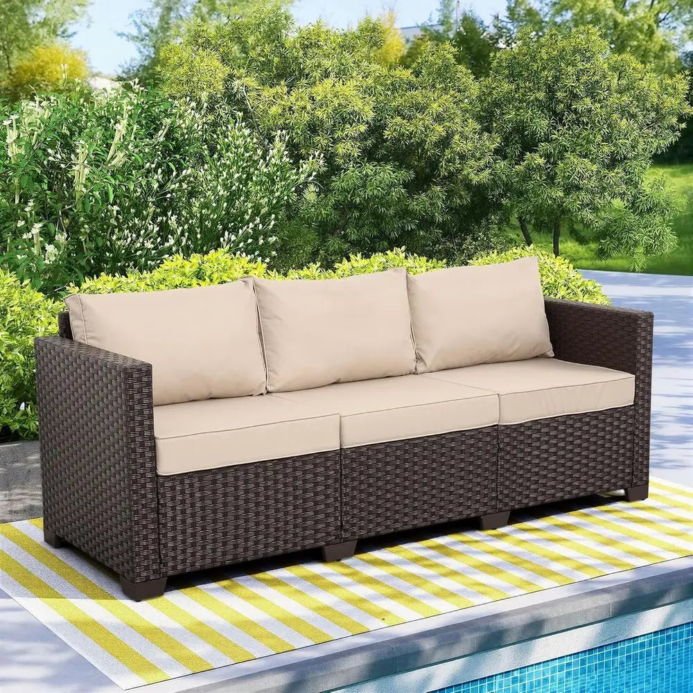 Patio Couch PE Rattan 3-Seat Outdoor Soa Brown Wicker urniture Set Deep Seating with Anti-Slip Beige Cushion