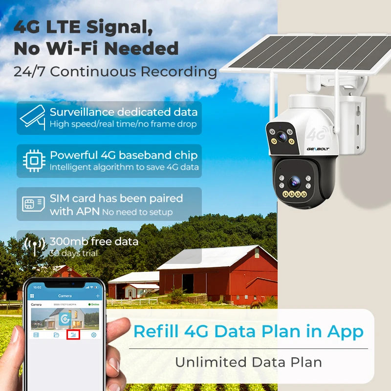 GENBOLT 4G AOV Cellular Solar Security Camera Outdoor Wireless, AOV 7/24 Recording 3MP+3MP No WiFi IP Surveillance Camera with Sim Card, 8W 15600mAh Battery Operated LTE Camera CCTV
