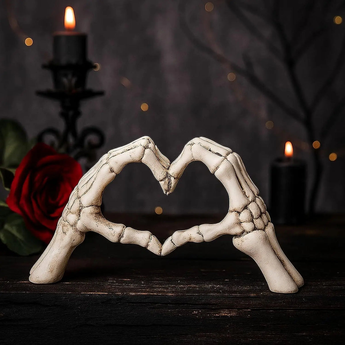 Gothic Skeleton Heart Hands Sculpture – Unique "Until Death" Bone Heart Love Sign, Desktop Ornament for Halloween Home Decor, Gothic Wedding Gift, Shelf & Mantel Display