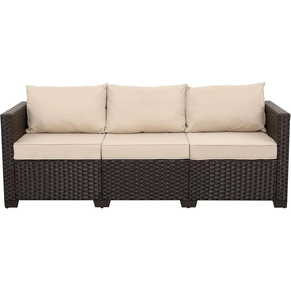 Patio Couch PE Rattan 3-Seat Outdoor Soa Brown Wicker urniture Set Deep Seating with Anti-Slip Beige Cushion