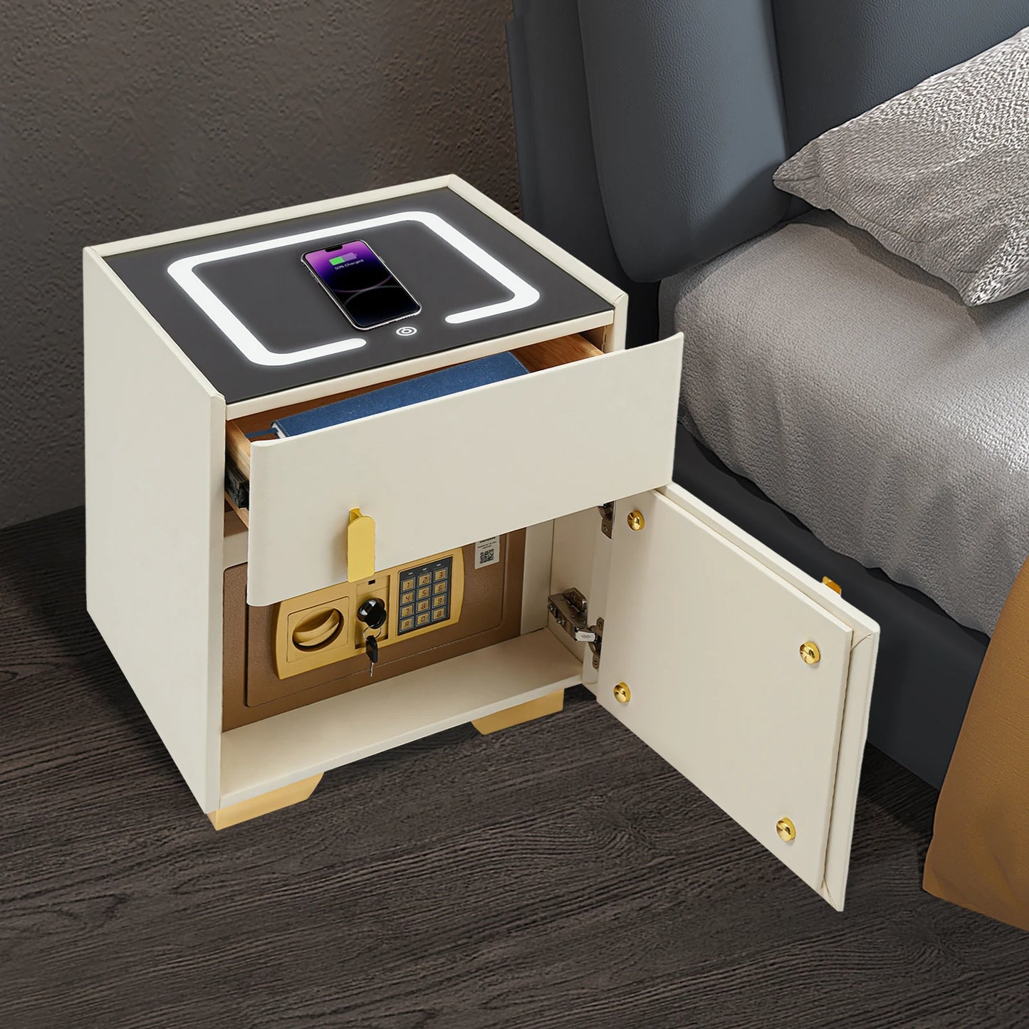 Electronic Lock Bedside Table with Safe Box, USB Charging Nightstand with LED Lights for Master Bedroom and Apartment
