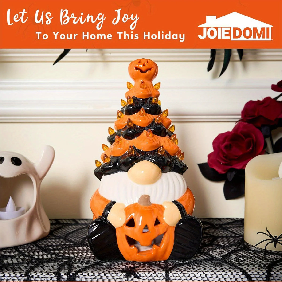 Joyfy Ceramic Pumpkin Gnome Tree Tabletop Decor With LED Lights