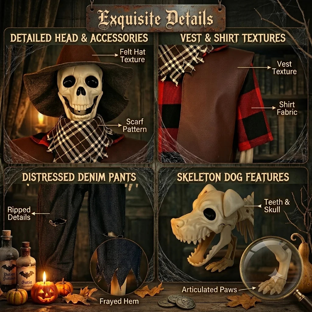 Posable Western Cowboy Skeleton Dog Halloween Outdoor Decor Set