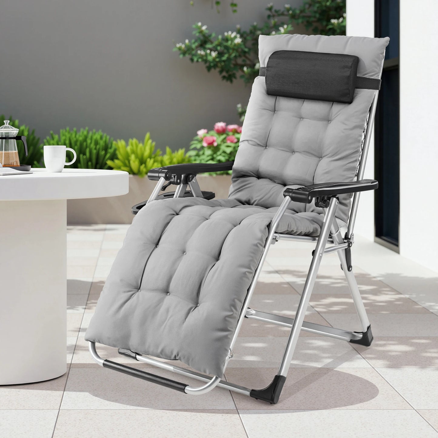Zero Gravity Recliner Patio Lounge Chair Folding Portable with Cup Holder Trays Removable Cushion For Outdoor Garden