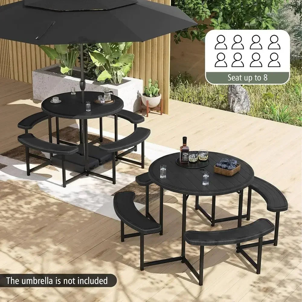 8-Person Round Outdoor Dining Table with Umbrella Hole, 37 HDPE Top, Metal Frame, Black Patio Furniture Set