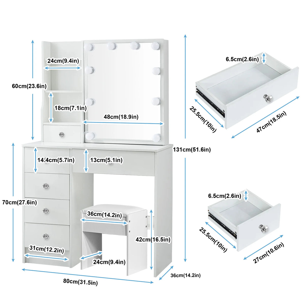 Teousev Modern Vanity Set With Led Mirror And Six Drawers