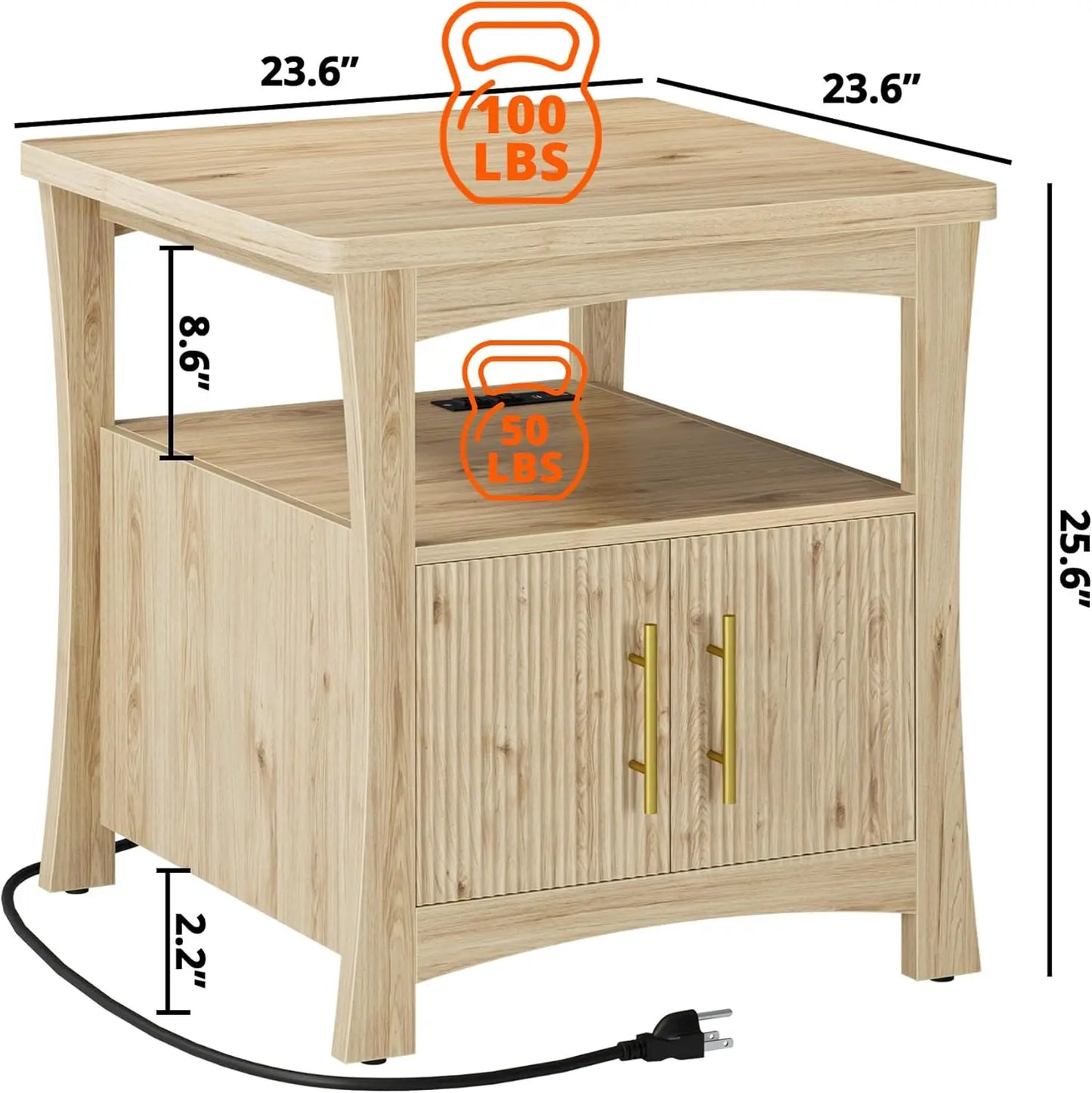 Nightstand with Charging Station, Wood Night Stand, 23.6inch Large Bedside Table with Storage, End Table for Bedroom, Oak