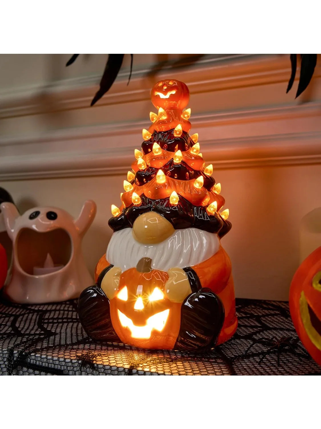 Joyfy Ceramic Pumpkin Gnome Tree Tabletop Decor With LED Lights