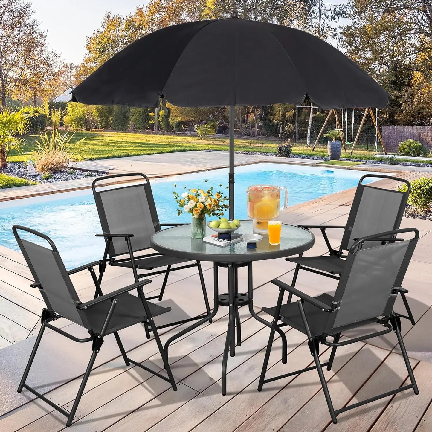 Folding Metal Patio Dining Set With Umbrella Hole For Lawn Backyard