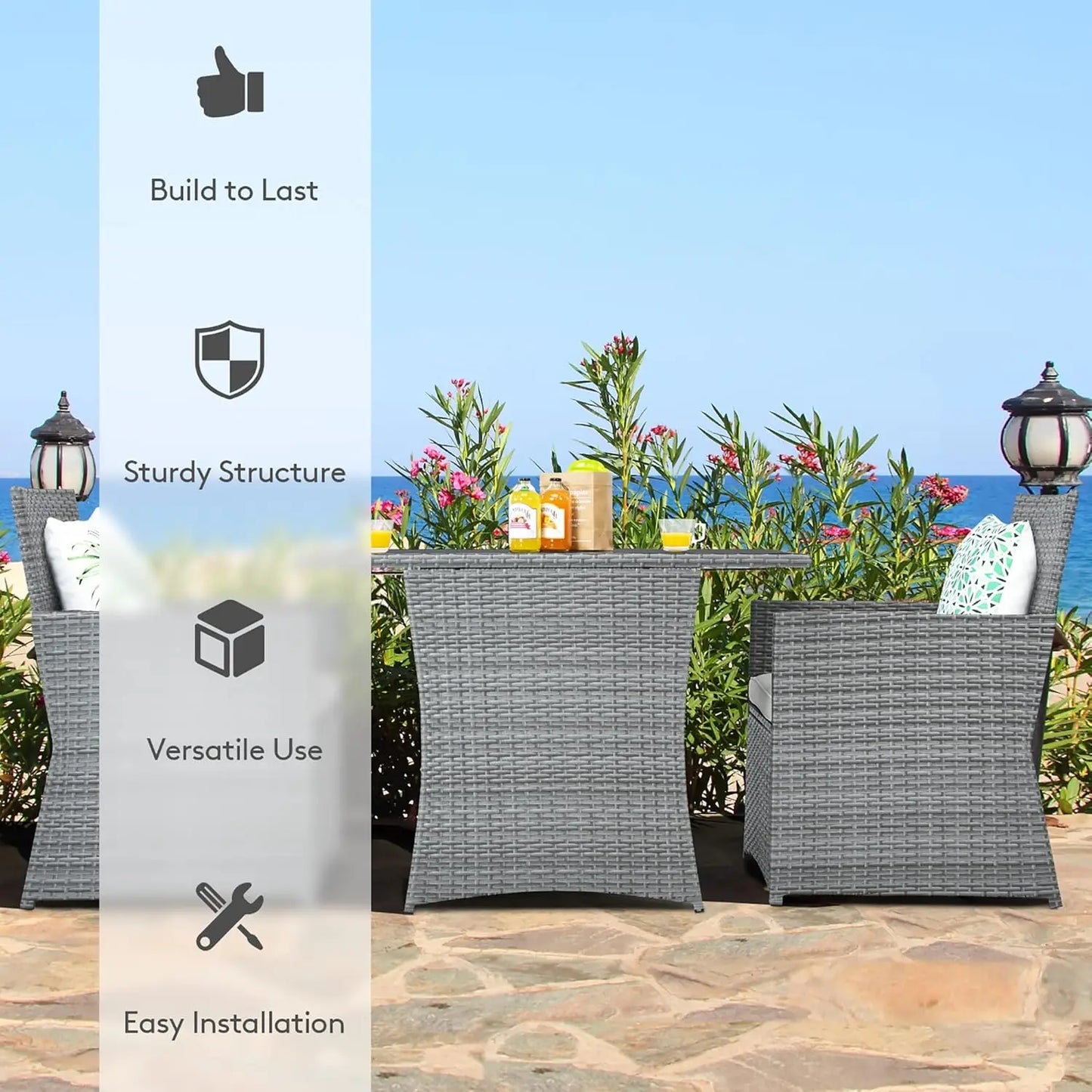 3 Piece Patio Rattan Furniture Set with Coffee Table, Cushioned Dining Chairs,