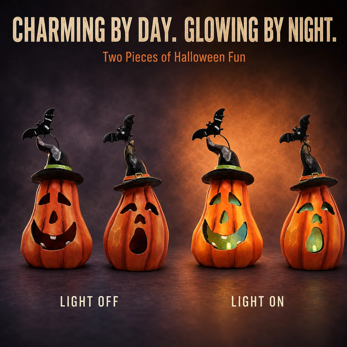 Halloween Pumpkin Figurine Set, 2-Piece LED Light Up Jack-o'-Lantern Decor with Witch Hat & Black Bat Accents, Spooky Glowing Tabletop Figure for Shelf Display, Collectible Fall Seasonal Home Decoration Halloween Gift