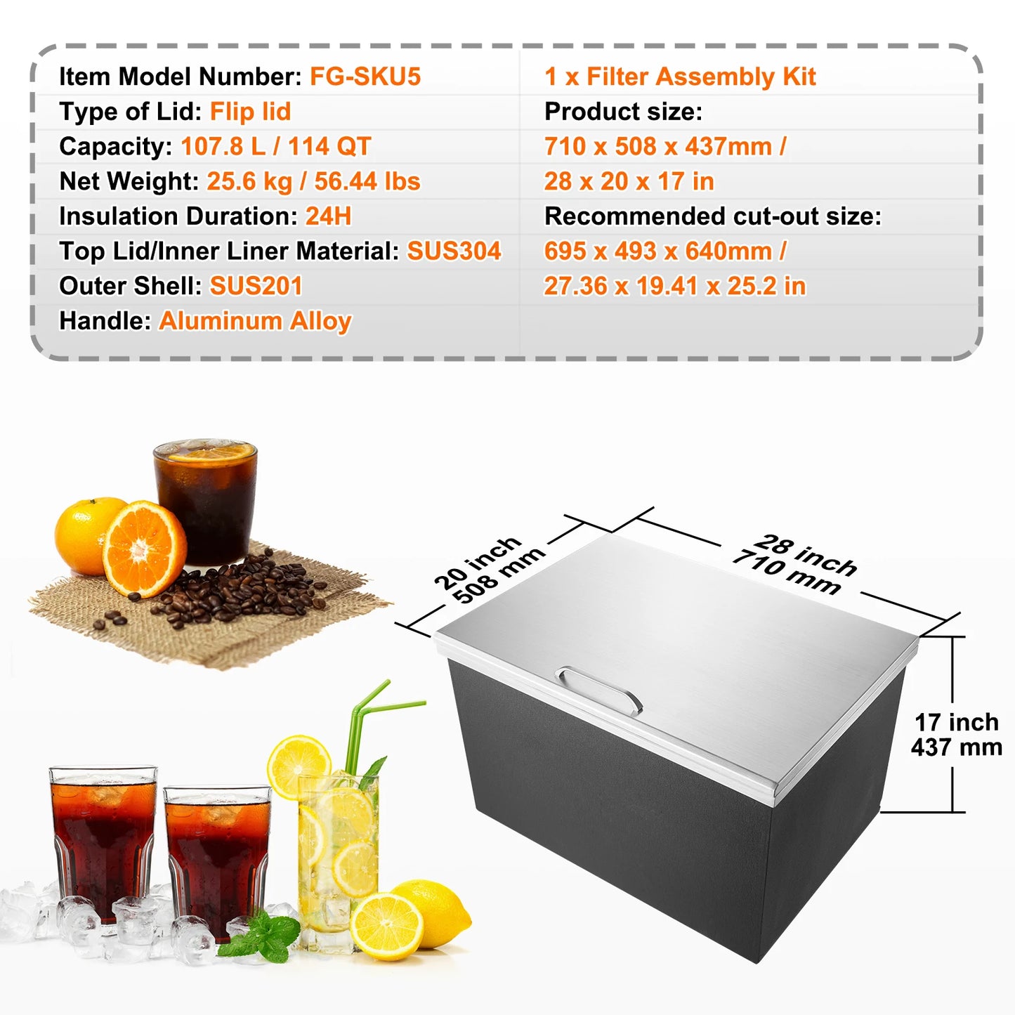 SucceBuy Drop in Ice Chest Stainless Steel Ice Cooler Commercial Ice Bin with Hinged Cover Outdoor Kitchen Ice Bar