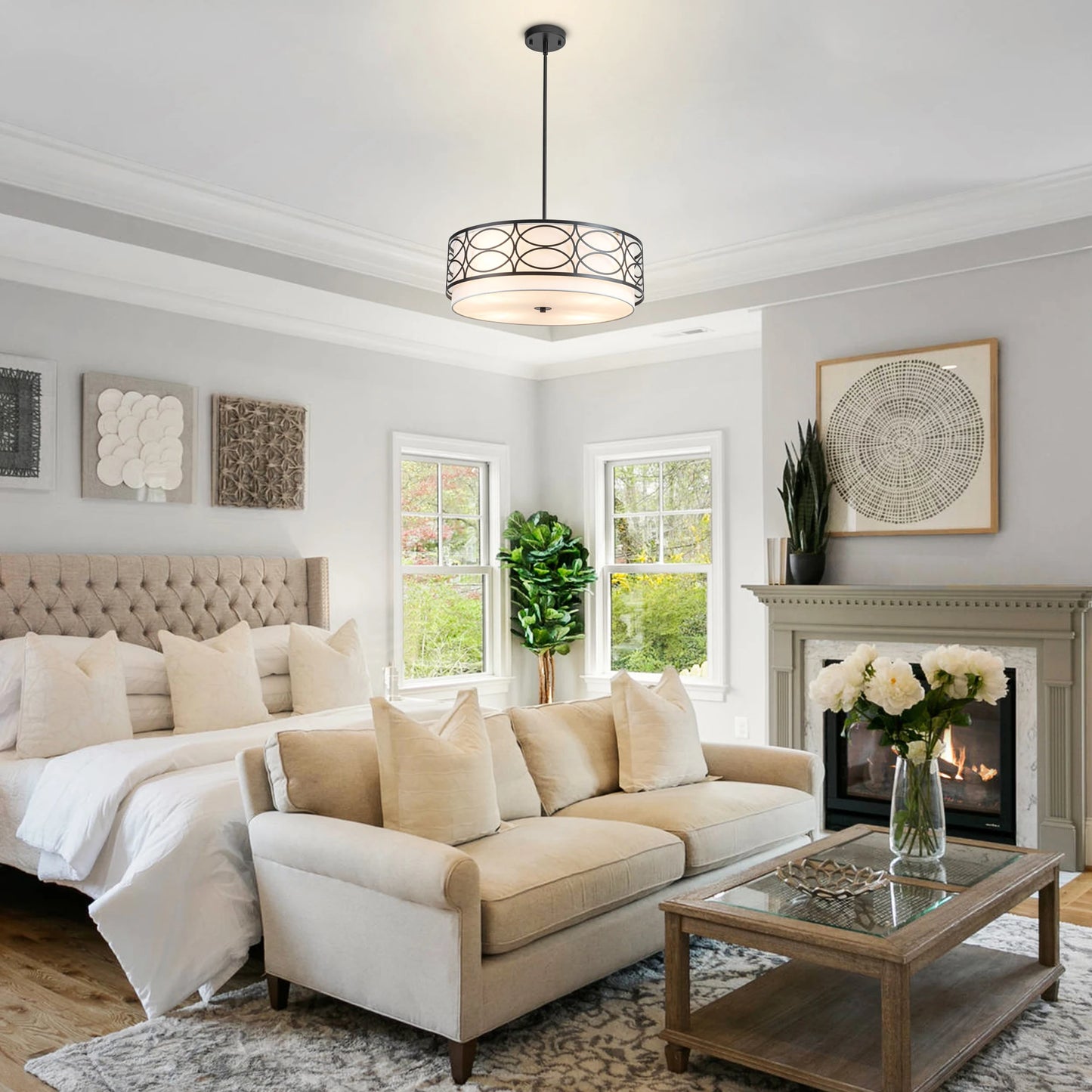 3-Light Drum Chandelier Iron Semi-Flush Mount Ceiling Fixture Dining Room