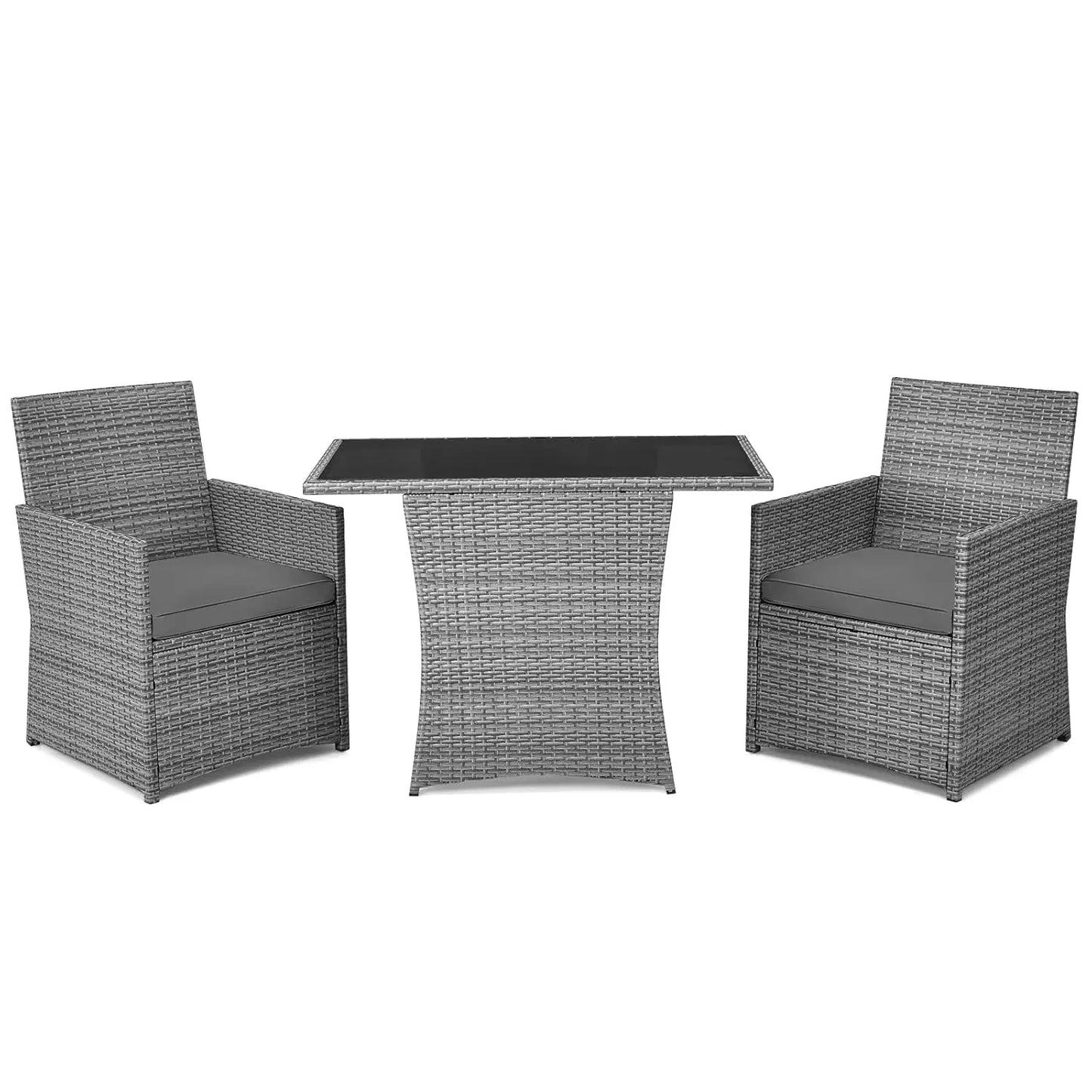 3 Piece Patio Rattan Furniture Set with Coffee Table, Cushioned Dining Chairs,