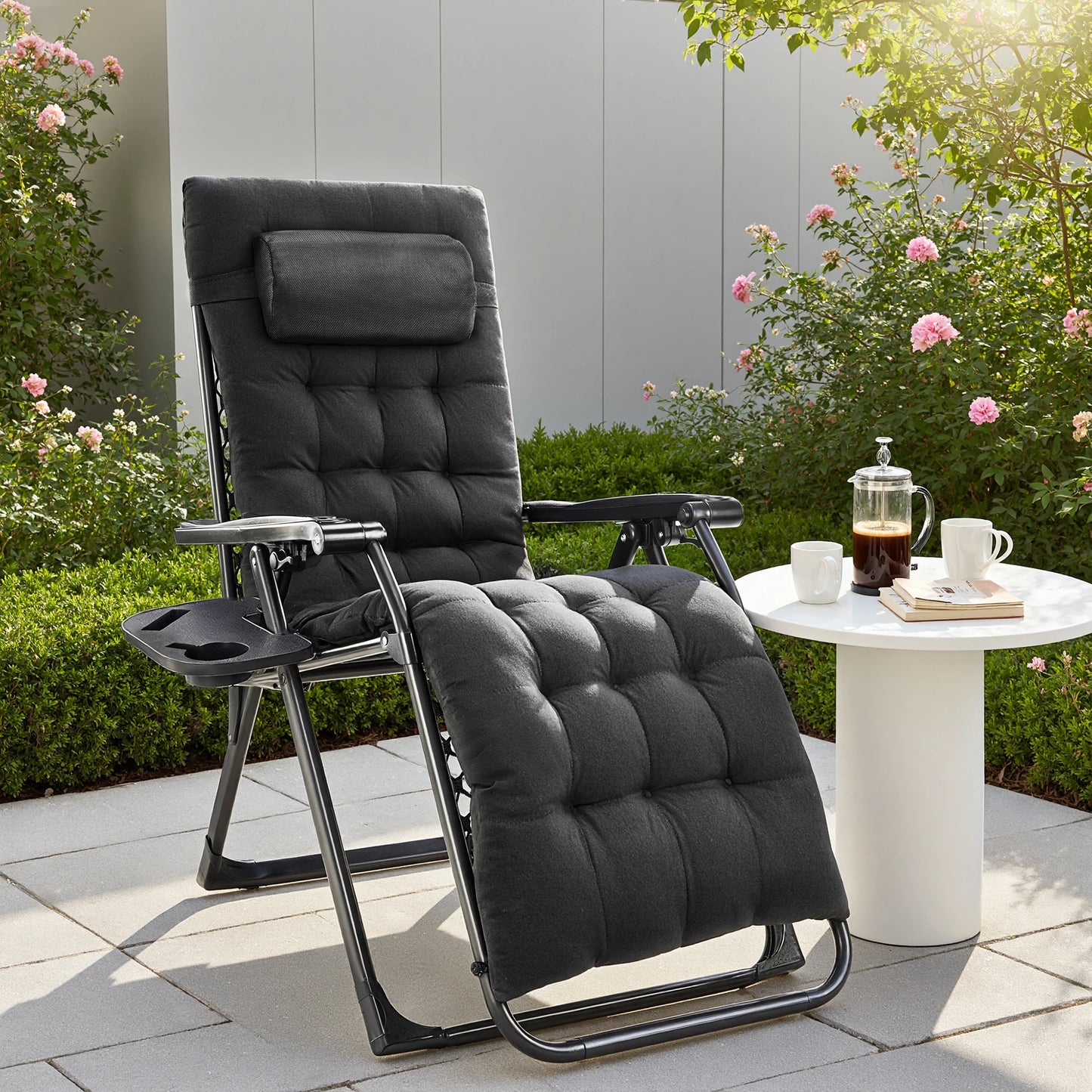 Zero Gravity Recliner Patio Lounge Chair Folding Portable with Cup Holder Trays Removable Cushion For Outdoor Garden