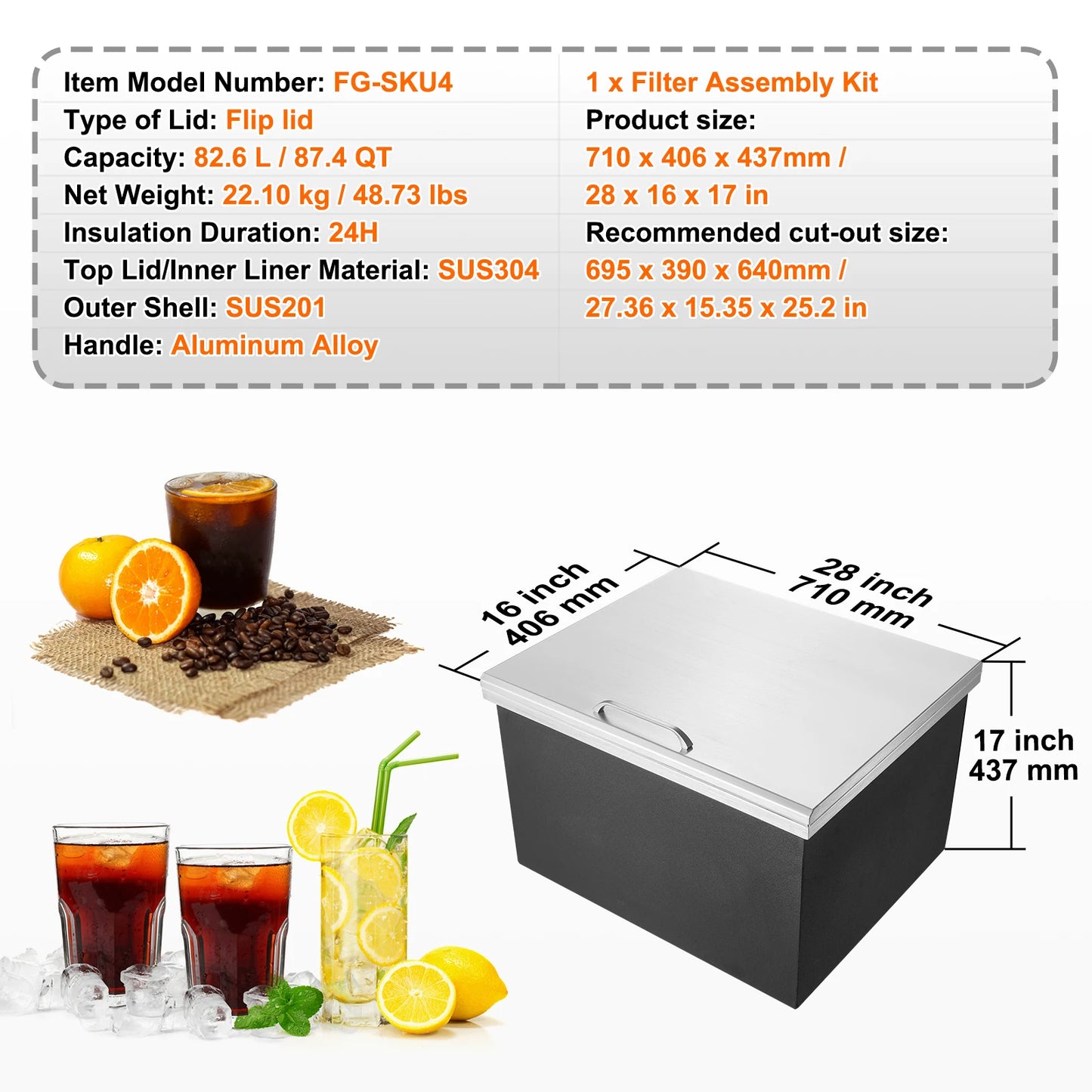 SucceBuy Drop in Ice Chest Stainless Steel Ice Cooler Commercial Ice Bin with Hinged Cover Outdoor Kitchen Ice Bar