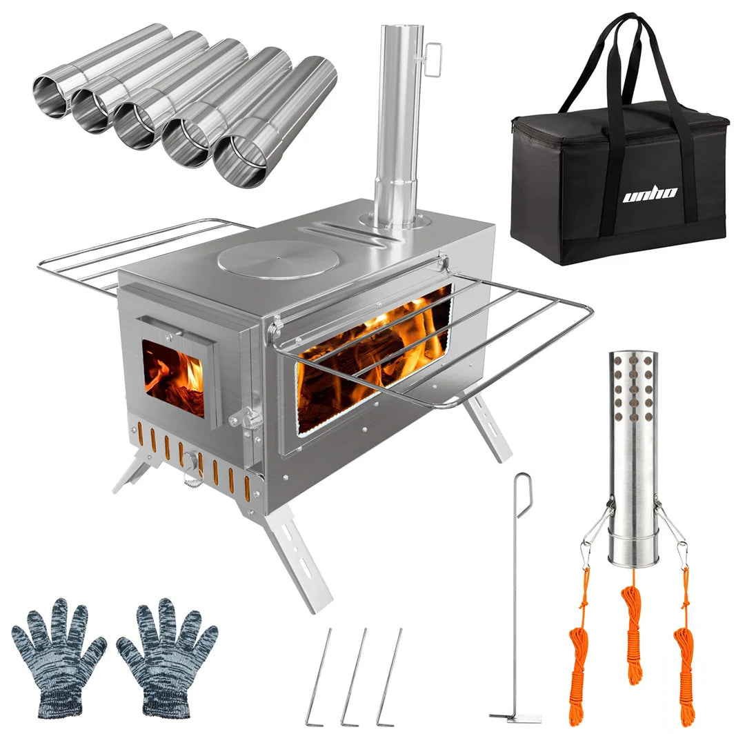 Hot Tent Stove, Wood Burning Stove, Portable Wood Stove with 6 Stainless Chimney Pipes for Outdoor Heating & Cooking